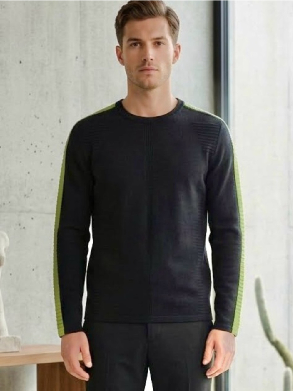 Vintage Thierry Mugler Black Wool Crewneck Sweater w/Neon Green Stripe 52/ US XL